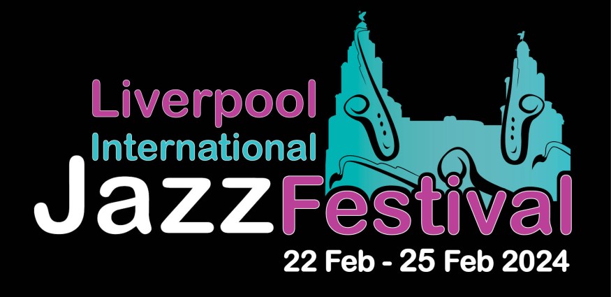 Liverpool International Jazz Festival words and date on a black background, accompanied by a musical motif of the Liver Birds.